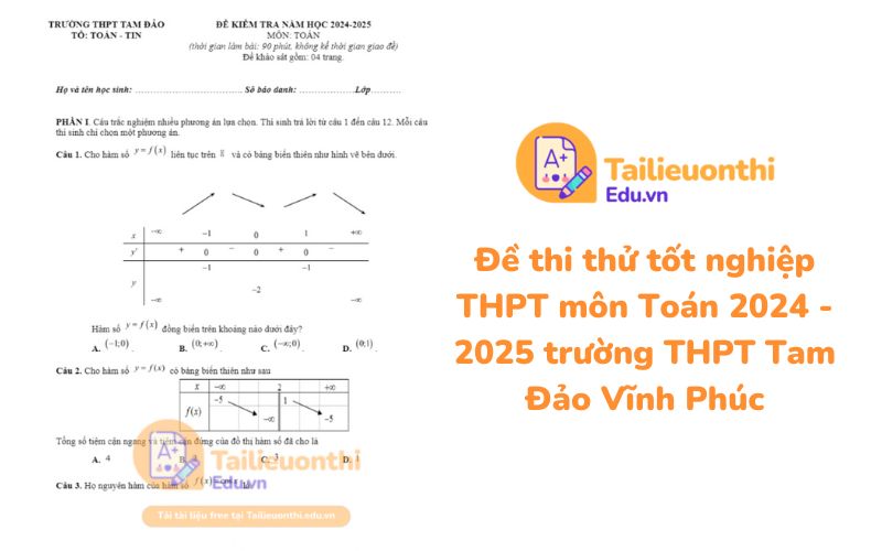 Đề thi thử tốt nghiệp THPT môn Toán 2024 - 2025 trường THPT Tam Đảo Vĩnh Phúc